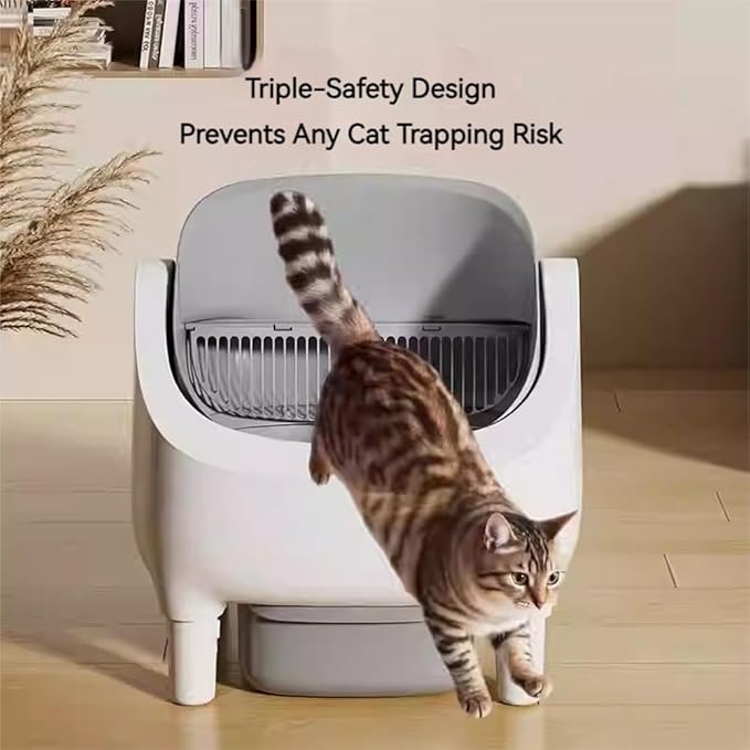 Self Cleaning Automatic Litter Box with APP Control, Large Waste Bin, Open Top Design, Multiple Cat Compatible, Includes Trash Bags White/Gray