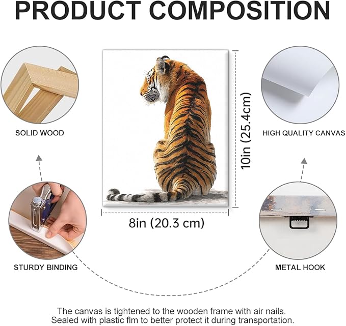 Modern Tiger Wall Art Decor Majestic Tiger White Print Picture Modern Animal Wall Decor for Home Living Room Bedroom 8x10 Inch Canvas Framed
