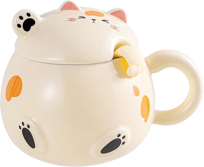 Urban Tokyo Whimsical Cat Mug Adorable Coffee Mug Ceramic Cup Novelty Mug with Lid and Stainless Steel Spoon 15 fl oz Lovely Kitten Neko (Yellow)