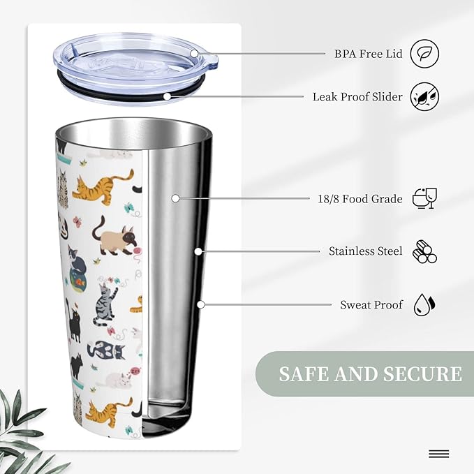 Yobvec Cat Tumbler with Lid and Straw, 20 Oz Stainless Steel Cups Insulated Water Bottle Coffee Mug Gifts for Cat Lover