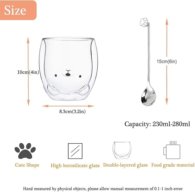 Binoster Bear Cute Mugs Kawaii Double Wall Glass Coffee Tea Mill Yogurt Cup Funny Novelty Gift for Women Her Friends Office Birthday Christmas