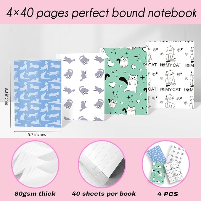 Cat Notebooks for Work, 4 Pcs A5(8.26x5.7inch) College Ruled Notebook Journal for Women, Cute Notepads Lined Journals for Writing, Cute Diary Stationary Cat Lover Gifts 12