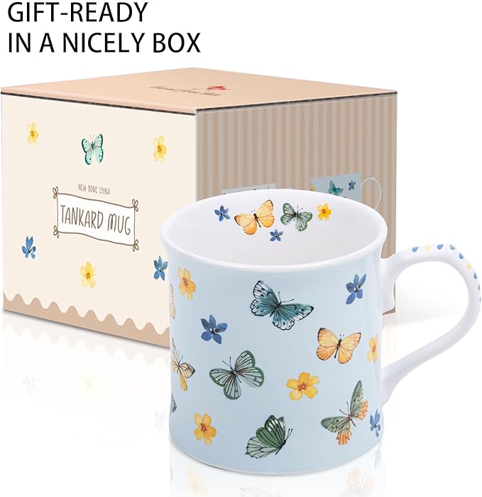 Colorful Butterfly & Floral Coffee Mug – 12 oz Premium New Bone China Blue Tea Cup, Elegant Ceramic Mug Gift for Women, Mom & Butterfly Lovers – Designed in England by Harvest Green Studio