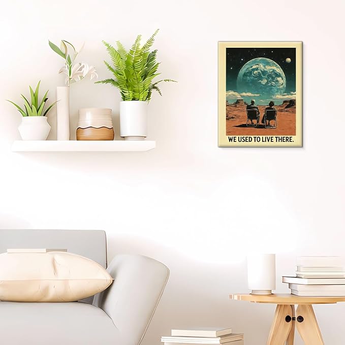 Retro Surreal Earth Canvas Wall Art Funny We Used to Live There Print Painting 70s Wall Decor for Home Living Room Bedroom 8x10 Inches Framed