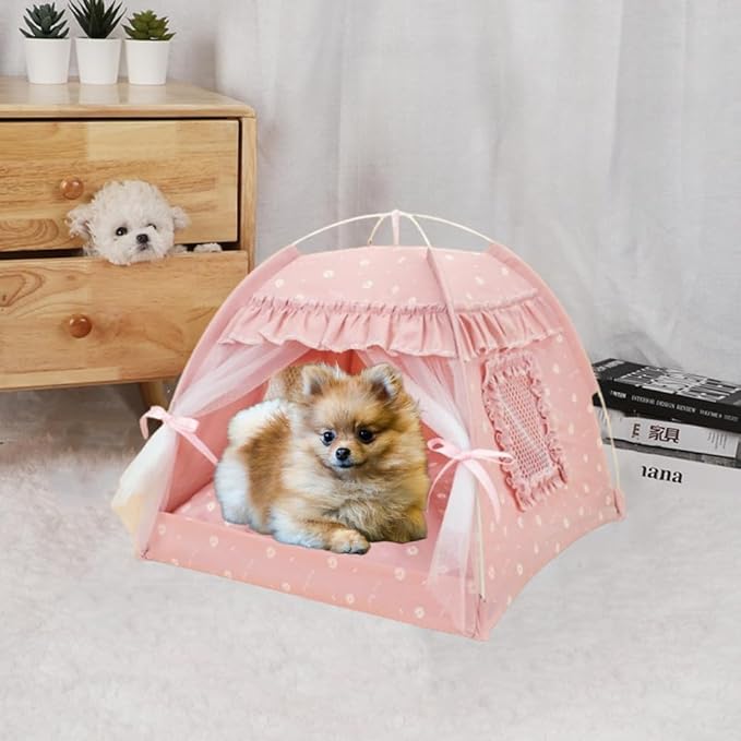 Selena Cat Bed Tents Dog House Indoor Outdoor Lace Mesh Breathable Windows Door Curtains Removable Portable Nest Teepe House (Large,Pink(Ruffled Teim))