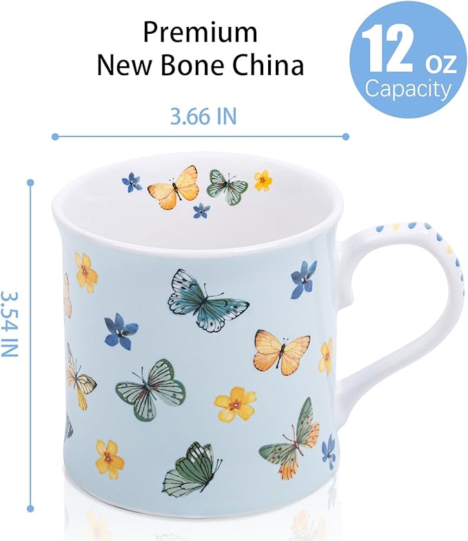 Colorful Butterfly & Floral Coffee Mug – 12 oz Premium New Bone China Blue Tea Cup, Elegant Ceramic Mug Gift for Women, Mom & Butterfly Lovers – Designed in England by Harvest Green Studio