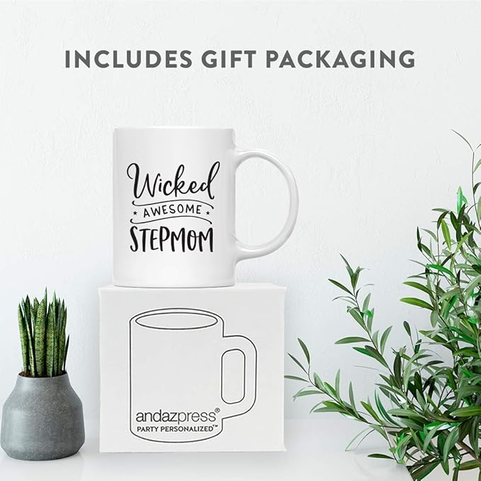 Andaz Press Mother's Day 11oz. Ceramic Coffee Tea Mug Gift for Mom, Wicked (Awesome) Stepmom, Bitten Apple Graphic, 1-Pack, Birthday Christmas Gift Ideas