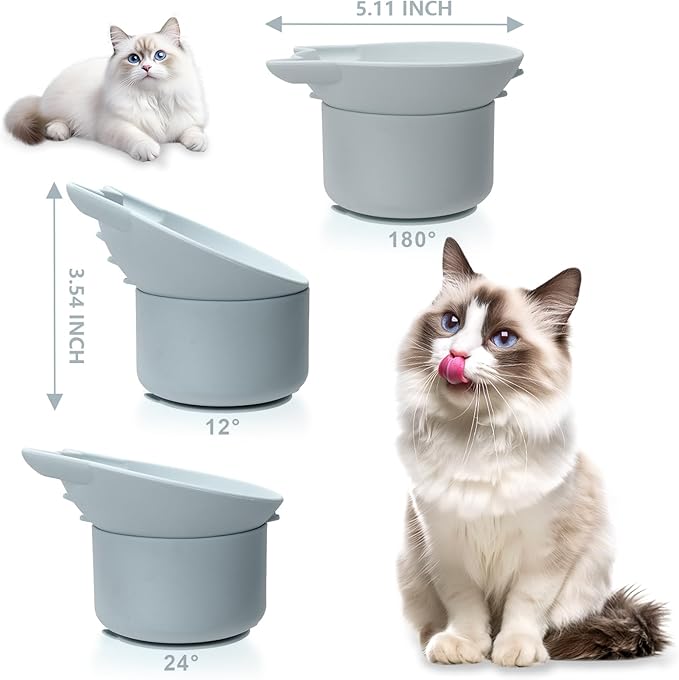 Silicone Cat Slow Feeder, Elevated Slow Feeder Bowl Tilt Design, Suitable for Dry and Wet Food, Adjustable Angle, Cat Food Puzzle with Suction Cup(Gray)