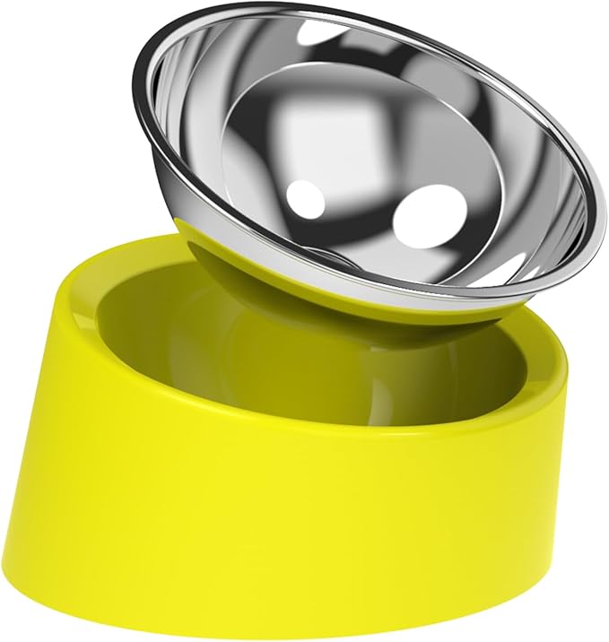 15 Degree Tilted Slow Feeder Bowl for Small Dogs and Cats, Anti-Gulping Raised Pet Food and Water Dish with Non-Skid Base, Mess-Free Easy Clean Design, Yellow