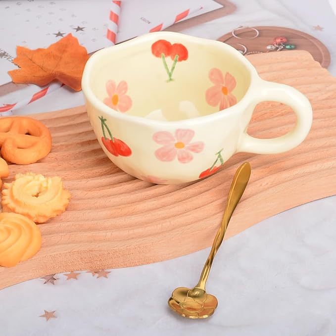 Cute Coffee Mug Gift for Women Ceramic Tea cup Kawaii mugs Handmade Creative Flower Pink mug with Spoon Aesthetic mugs for Cappuccino Milk Cocoa, 8.5 oz Cheery Mug for Mom Mother day (Pink)