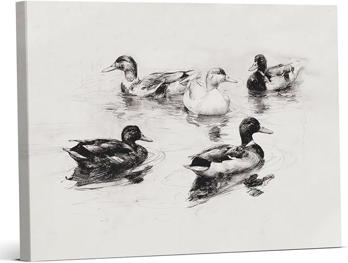 Vintage Mallard Ducks Canvas Wall Art Country Duck Sketch Print Painting Cottagecore Wall Decor for Farmhouse Home Living Room 8x10 Inches Framed