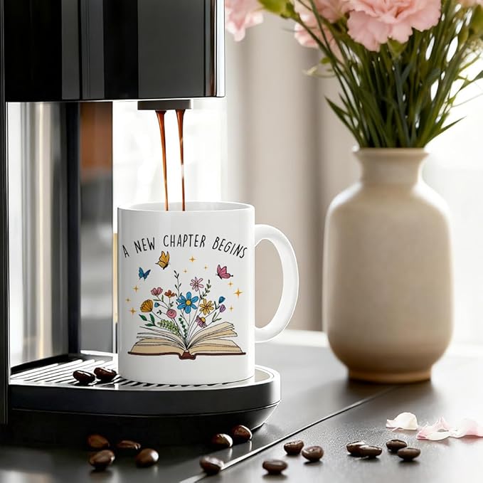 A New Chapter Begins Ceramic Coffee Mug for Women, Funny Floral Book 11oz Coffee Cup Gifts for Coworker, Retirement Farewell Mug Gifts, Going Away Good Luck Graduation Present