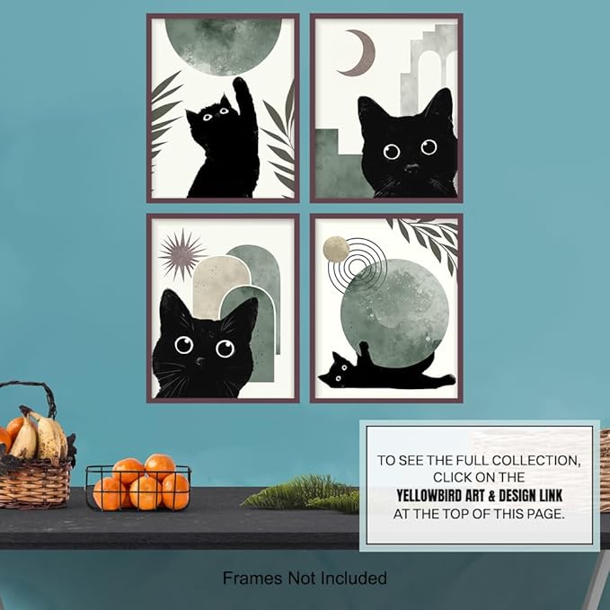 Black Cat Wall Art Prints - Boho Room Decor - Mid-century modern Scandinavian Wall Art - Abstract Minimalist Decor Aesthetic - Cute Cat Green Wall Decor - Cat Lover Gifts for Women, Home Decor Set