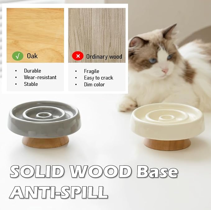 Ceramic Cat Slow Feeder, Raised Slow Feeder Cat Bowl, Anti Vomiting and Whisker Friendly Kitty Dish, Elevated Puppy Kitten Bowl for Dry and Wet Food (Gray)