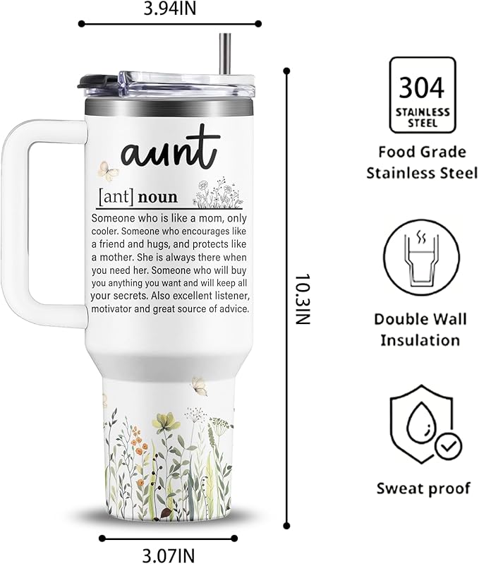 40oz Aunt Tumbler with Lid and Straw, Auntie Cups Travel Mug Butterfly Gifts, Aunt Gifts from Niece Nephew, Auntie Birthday Gift Drinking Coffee Cup