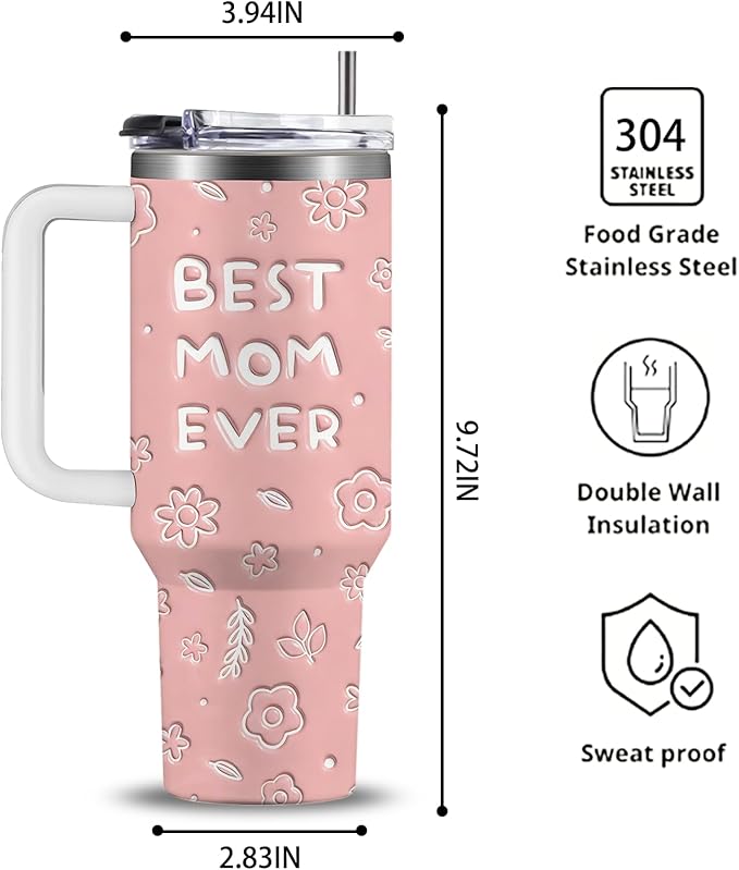 40oz Best Mom Tumbler with Handle and Straw, Leak-proof Insulated Travel Coffee Mug, Best Mom Ever Gifts for Women, Christmas Birthday Mothers Day Present from Daughter Son