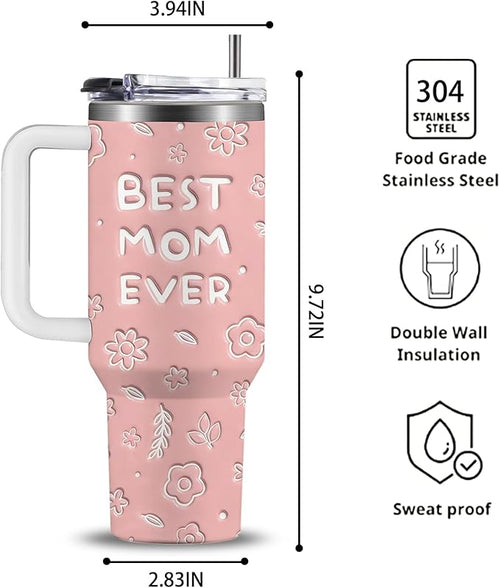 40oz Best Mom Tumbler with Handle and Straw, Leak-proof Insulated Travel Coffee Mug, Best Mom Ever Gifts for Women, Christmas Birthday Mothers Day Present from Daughter Son