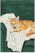 Sleeping Orange Cat poster Green Aesthetic Wall Art Preppy Funky Cute Animal Canvas Painting Gift For Cat Lover for Cozy Room Wall Decor 16x24 inch Unframed