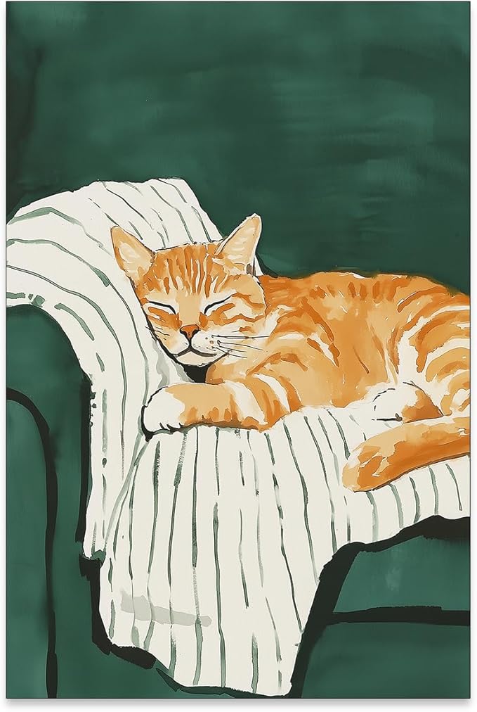 Sleeping Orange Cat poster Green Aesthetic Wall Art Preppy Funky Cute Animal Canvas Painting Gift For Cat Lover for Cozy Room Wall Decor 16x24 inch Unframed