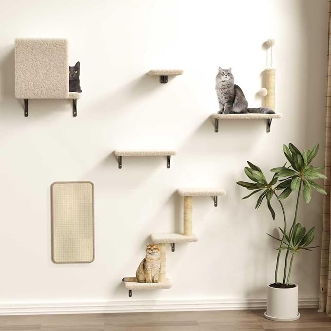 Cat Wall Shelves for Large Cats, Stable & Safe Kitty Walls Furniture Set for 40LBS Cats with Wooden Cat Climber,House, Bridge, Tree, Steps, and Scratcher for 16 Inch Drywall (Beige, 6-in-1)