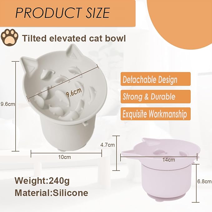 Elevated Cat Bowl, Silicone Kitten Bowls for Food and Water, Wide Shallow Cat Food Dish, Whisker Fatigue, Lead & Cadmium Free, Great Height for Small Pet (LightGrey)