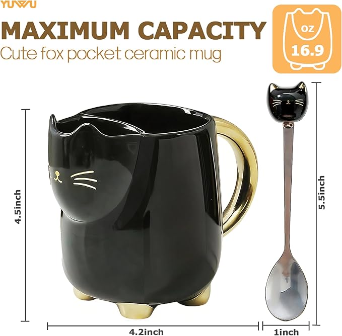 Yuwu 17oz Black Cat Mug with Built-in Filter and Spoon-Glossy Ceramic Tea kitty Mug for Cat Lovers-Elegant Gift for Men, Women, Office, Birthday, Halloween, Christmas