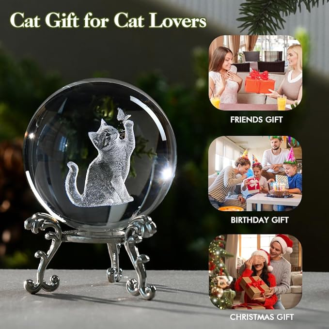 Cat Gifts for Women 3D Crystal Ball 60mm Cat Lover Themed Gift with Stand Gifts for Women Mothers Day Christmas Birthday