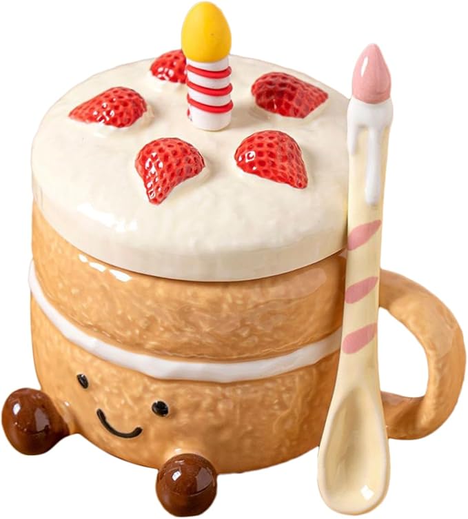 Adorable Cake Ceramic Coffee Mug, 400ml Cute funny Mug For Women, Cake Shaped Aesthetic Mugs Tea Cup with Lid Spoon for Birthday Valentines Day Home Office School