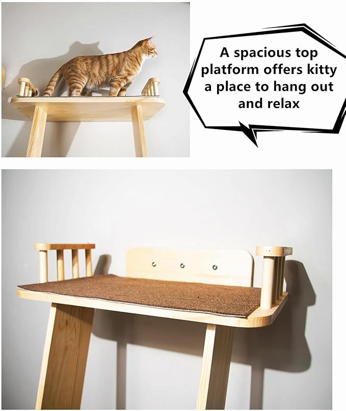 Modern 70“ Tall 6 Level Leaning Cat Climbing Ladder Tree Tower Condo with Large Perch Platform for Window Wall, Solid Wood Cat Furniture Shelves for Multiple Cats