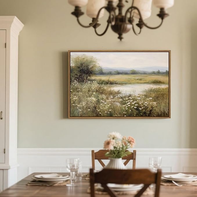 Vintage Landscape Wall Art Spring Wildflower Field Pictures Wall Decor Rustic River Pond Painting Prints Nature Wilderness Scenery Poster Framed for Bedroom Bathroom Home Kitchen Decoration 16x24 Inch