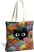 Canvas Tote Bag for Women, Black Cat and Floral Print Aesthetic Handbag, Cute Animal Reusable Shopping Bag for Work Travel Beach Grocery, Cat Lover Gift, Daily Use Tote
