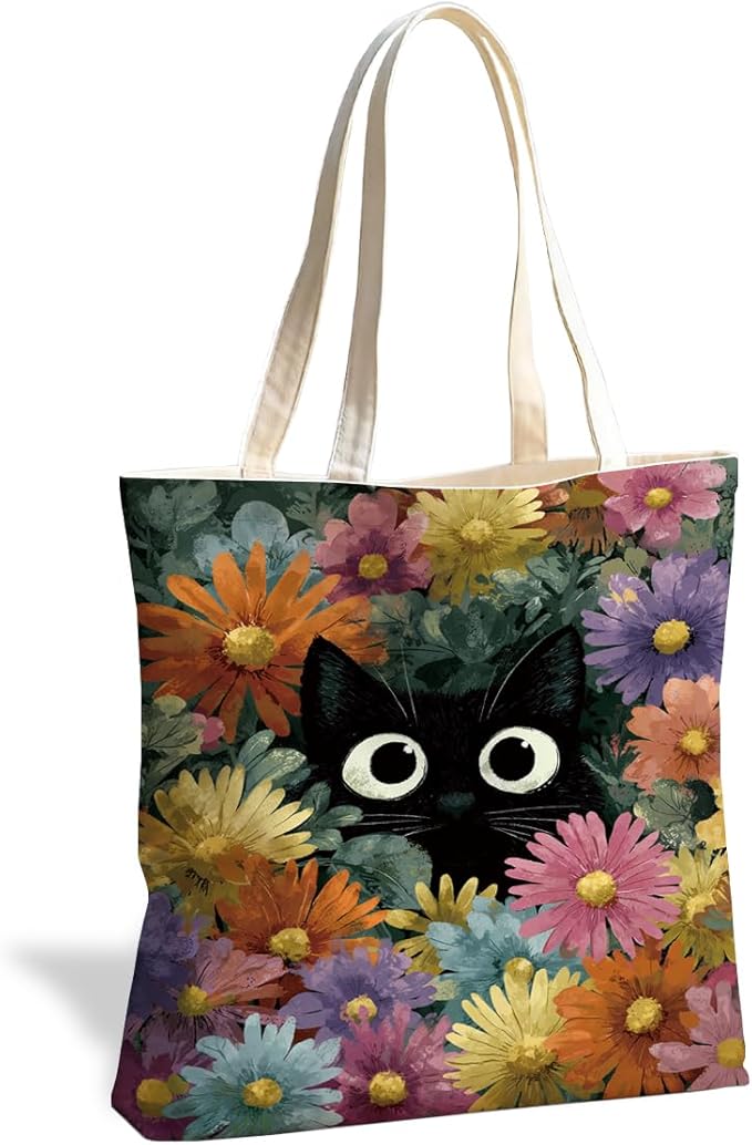 Canvas Tote Bag for Women, Black Cat and Floral Print Aesthetic Handbag, Cute Animal Reusable Shopping Bag for Work Travel Beach Grocery, Cat Lover Gift, Daily Use Tote
