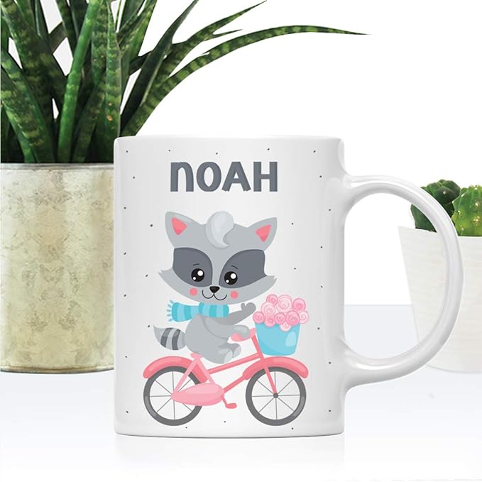 Andaz Press Personalized 11oz. Kids Milk Hot Chocolate Mug, Raccoon Pink Bicycle, 1-Pack, Custom Child’s Birthday Christmas Coffee Cup