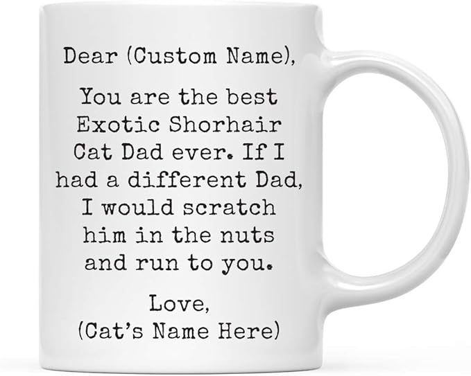 Andaz Press Personalized Funny Dad 11oz. Coffee Mug Gag Gift, Best Exotic Shorhair Cat Dad, Scratch in Nuts and Run to You, 1-Pack, Custom Cat Lover's Christmas Birthday Ideas, Includes Gift Box