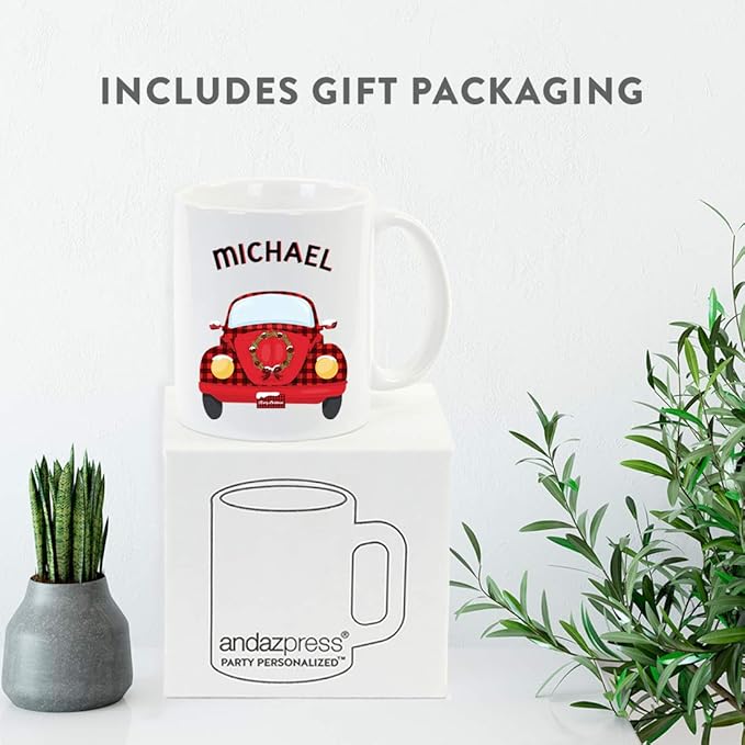 Andaz Press Personalized 11oz. Kids Hot Chocolate Mug, Red VW Bug Car with Wreath, 1-Pack, Custom Child’s Birthday Christmas Coffee Cup