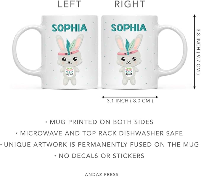 Andaz Press Personalized 11oz. Kids Milk Hot Chocolate Mug, Tribal Rabbit, 1-Pack, Custom Child’s Birthday Christmas Coffee Cup
