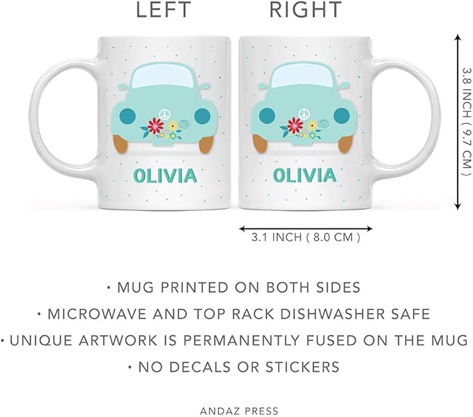 Andaz Press Personalized 11oz. Kids Hot Chocolate Mug, Hippie 1970s VW Aqua Bug, 1-Pack, Custom Child’s Birthday Christmas Coffee Cup