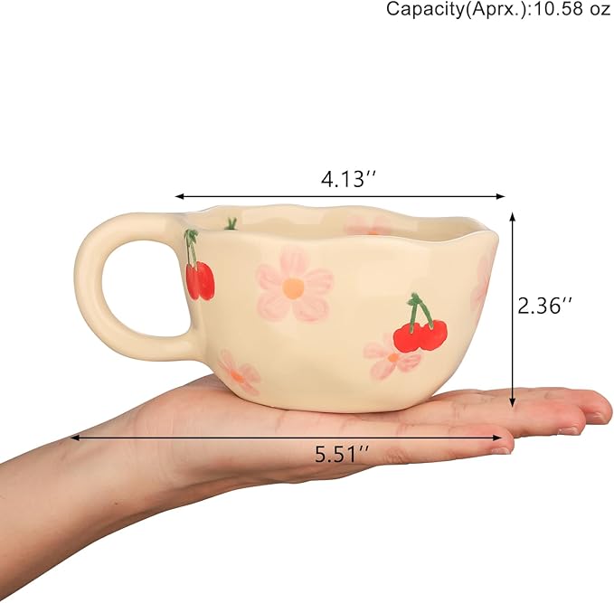 VanEnjoy Ceramic Cup, Cute Coffee Mug, Strawberry Mug, Aesthetic Coffee Mug, Retro Flower Mug, Ceramic Tea, 10oz/300ml for Tea Coffee, Milk and Oatmeal