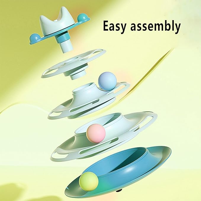 Cat Ball Track Toys, Creative Feather Toy, consisting of 3 Balls and a Feather Stick, Tower-Shaped cat Intelligence Toy, Suitable for Chasing Games with Kittens. (Blue)