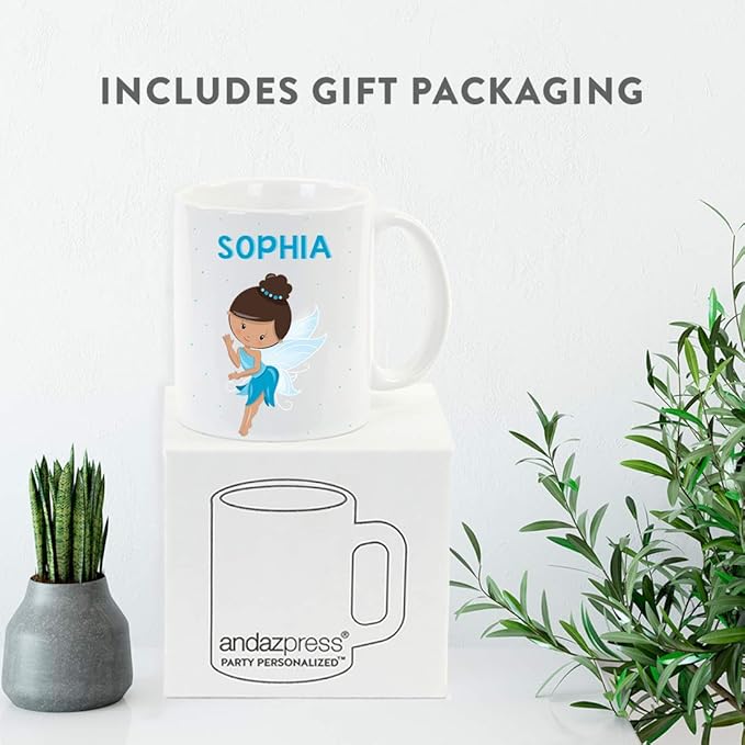 Andaz Press Personalized 11oz. Kids Milk Hot Chocolate Mug, Blue Fairytale Princess, 1-Pack, Custom Child’s Birthday Christmas Coffee Cup