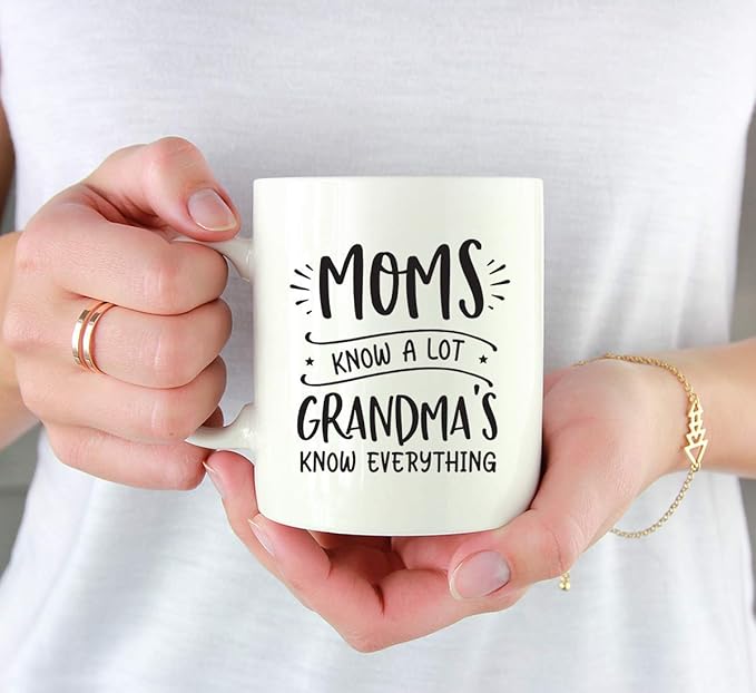 Andaz Press Mother's Day 11oz. Ceramic Coffee Tea Mug Gift for Mom, Moms Know a Lot, Grandma's Know Everything, 1-Pack, Birthday Christmas Gift Ideas