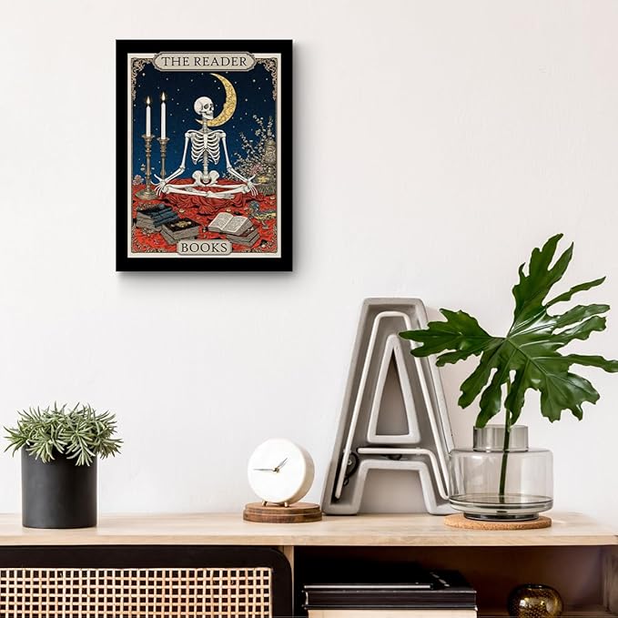 The Homebody Tarot Card Wall Art, Funny Skeleton Meditating Posters, Book Lovers Gifts, Vintage Canvas Framed Prints Room Aesthetic, Whimsical Decor for Living Room Entryway Bedroom Book Shelf