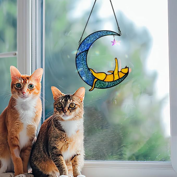 BOXCASA Handcrafted Orange Cat Moon Stained Glass for Cat Lovers,Crystal Prism Suncatchers for Windows Hanging, Mother's Day for Women, Wife, Mom