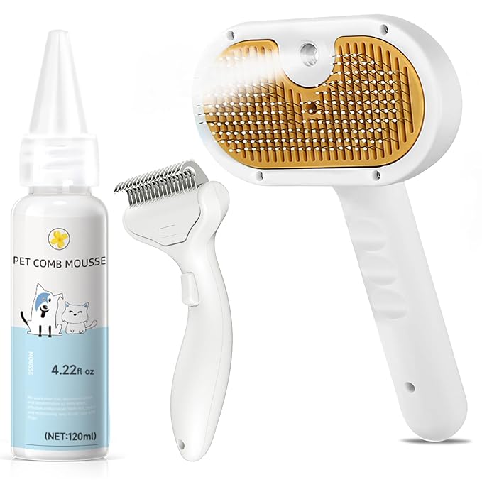 Pet Steam Brush for Dog & Cat – 3-in-1 Spray Hair Removal Comb for Shedding & Grooming, Softens Fur & Reduces Static – Water Brush for Long & Short Coats, Bath-Hating Pets, Includes Waterless Shampoo
