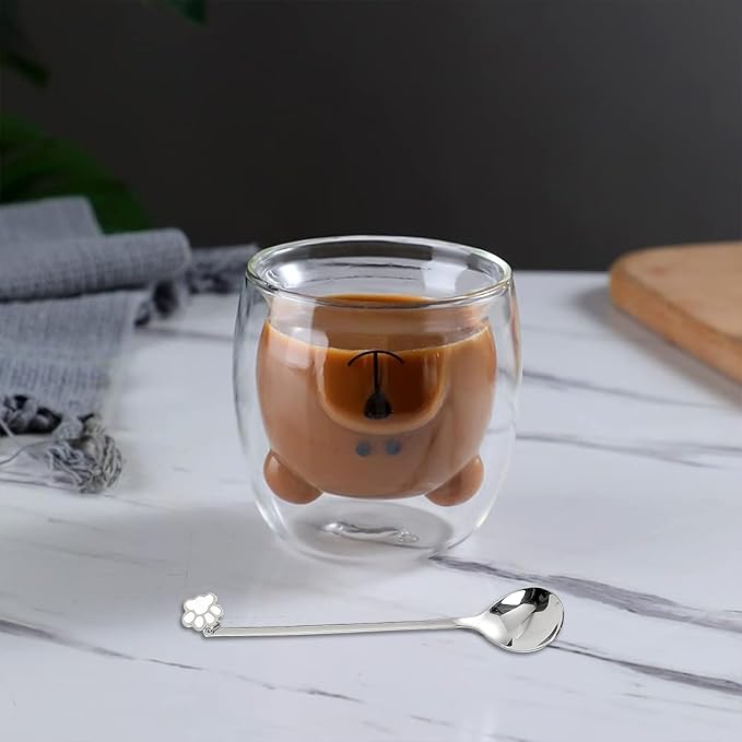 Binoster Cute Mugs Double Wall Glass Coffee Glass Cup Kawaii Bear Tea Milk Cup Funny Mug Animal Mug Aesthetic Cup for Office and Personal Birthday Gift (Happy bear)