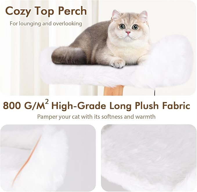Tangkula Solid Wood Cat Tree, Modern Wooden Cat Tower with Jute Scratching Posts, Perch, Condo, Sisal Rope, Dangling Ball, Soft Long Plush, 66 Inch Tall Cat Tree Tower for Indoor Cats Large Adult