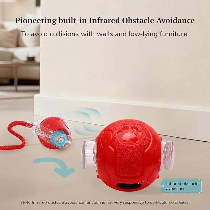 Interactive Cat Toy for Indoor Cats, Automatic Cat Ball Toy with Smart Obstacle Avoidance, 5 Sounds, 2 Tails, Rechargeable Moving Cat Toy for Bored Cats (Red)