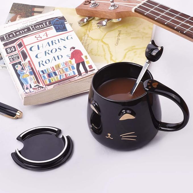 Black Cat Mug, Cute Kitty Ceramic Coffee Mug with Stainless Steel Spoon, Novelty Coffee Mug Cup for Cat Lovers Women Girls