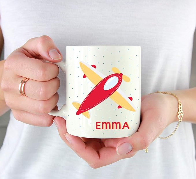 Andaz Press Personalized 11oz. Kids Hot Chocolate Mug, Red Vintage Airplane, 1-Pack, Custom Aeroplane Plane Child’s Birthday Christmas Coffee Cup