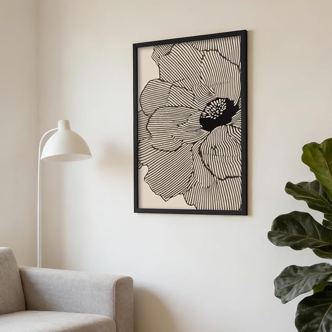 Abstract Black and Beige Flowers Canvas Wall Art, Neutral Floral Lines Poster, Modern Minimalist Floral Wall Decor, Boho Botanical Sketch Art Print for Living Room Bedroom 16x20in Framed